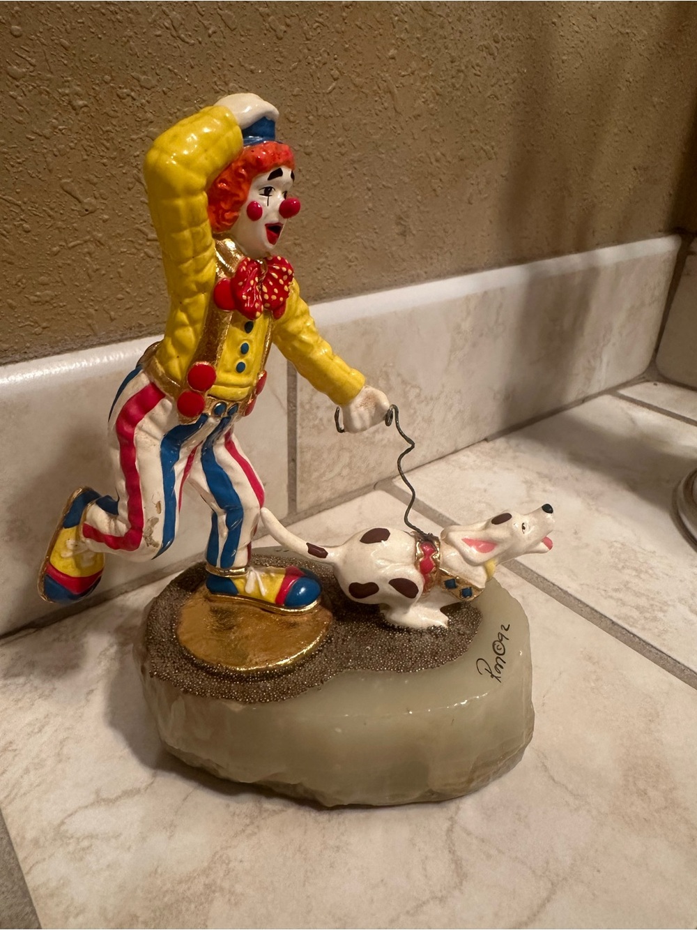 Ron Lee 92 Clown walking a dog on marble base gold accents signed art collectibl